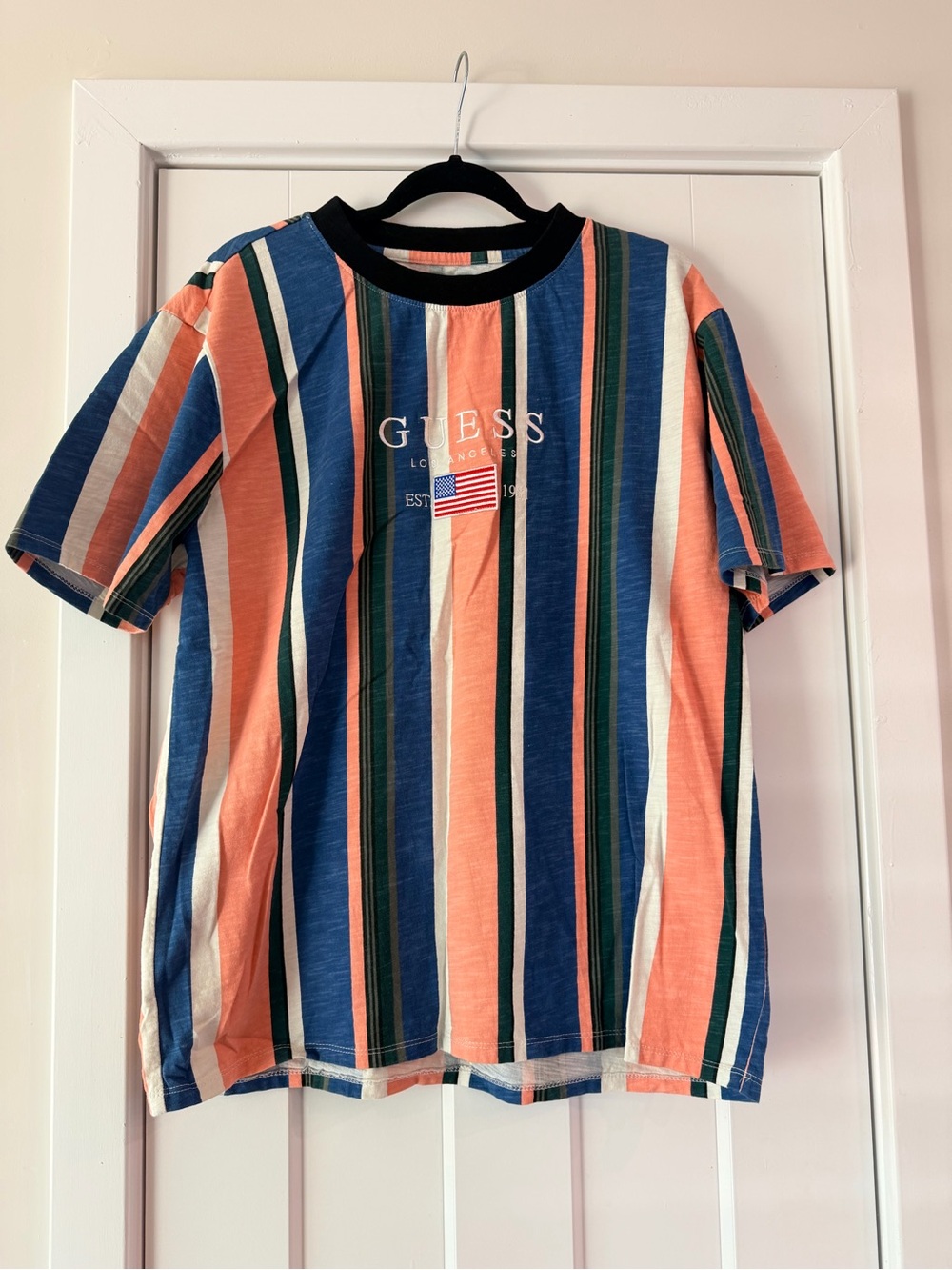 Vintage GUESS Men’s Striped Short-Sleeve Tee in Coral Blue